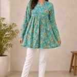 Turquoise Blue Cotton Floral Printed A-Line Kurti | Full Sleeve V-Neck