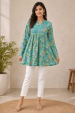 Turquoise Blue Cotton Floral Printed A-Line Kurti | Full Sleeve V-Neck