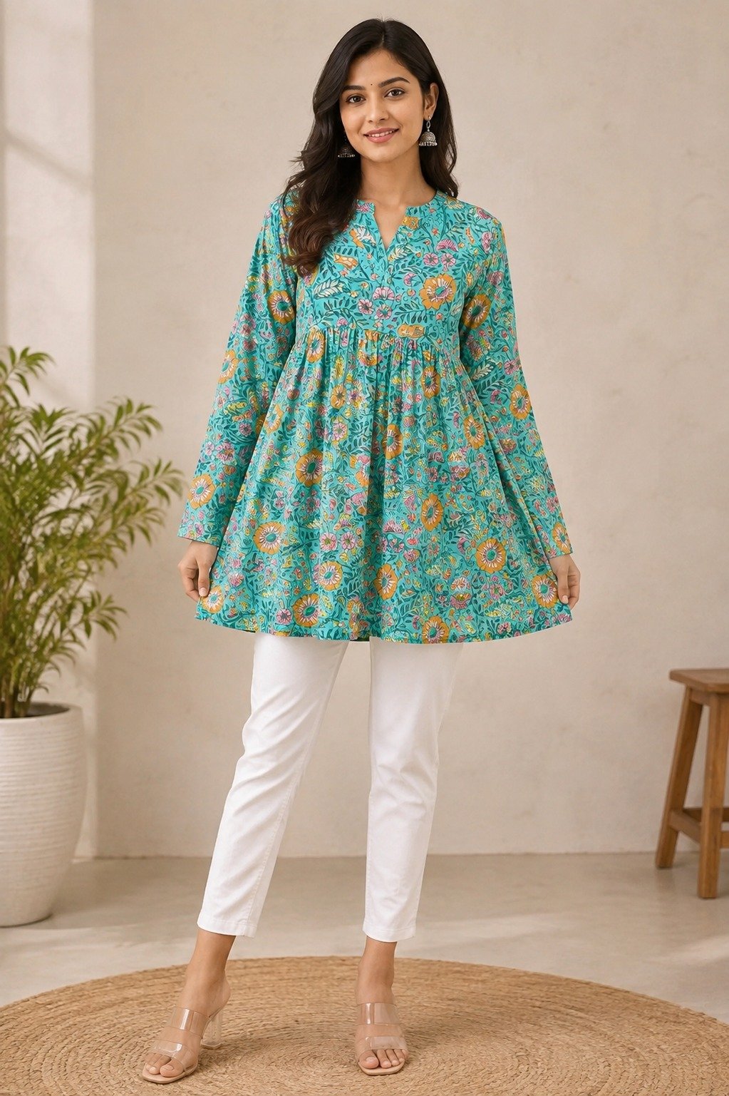 grn-cotton3(C) Turquoise Blue Cotton Floral Printed A-Line Kurti | Full Sleeve V-Neck - Image 1