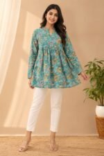 Turquoise Blue Cotton Floral Printed A-Line Kurti | Full Sleeve V-Neck - Image 5