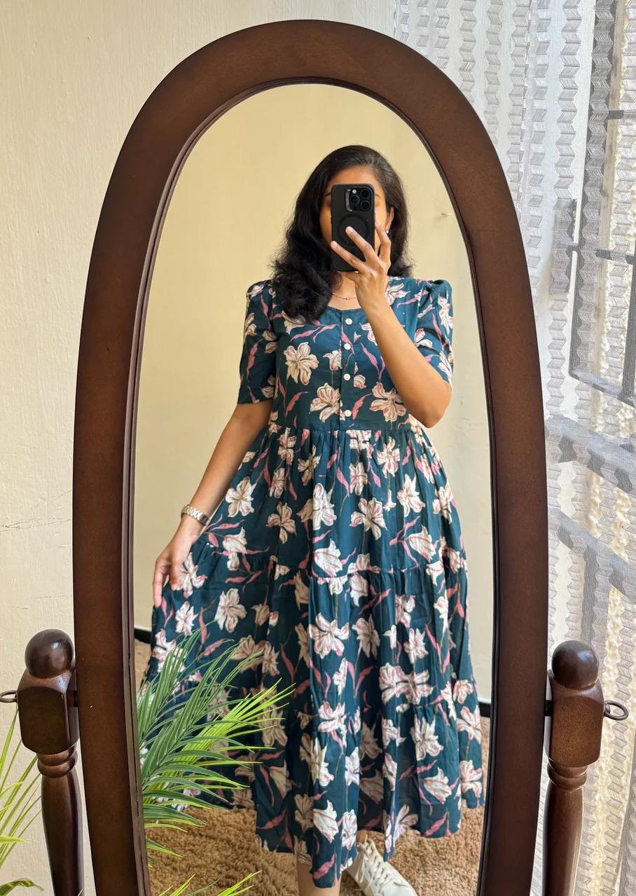 grn-g3(C) Women’s Floral Printed Rayon Frock Style Kurti – Casual Wear - Image 1