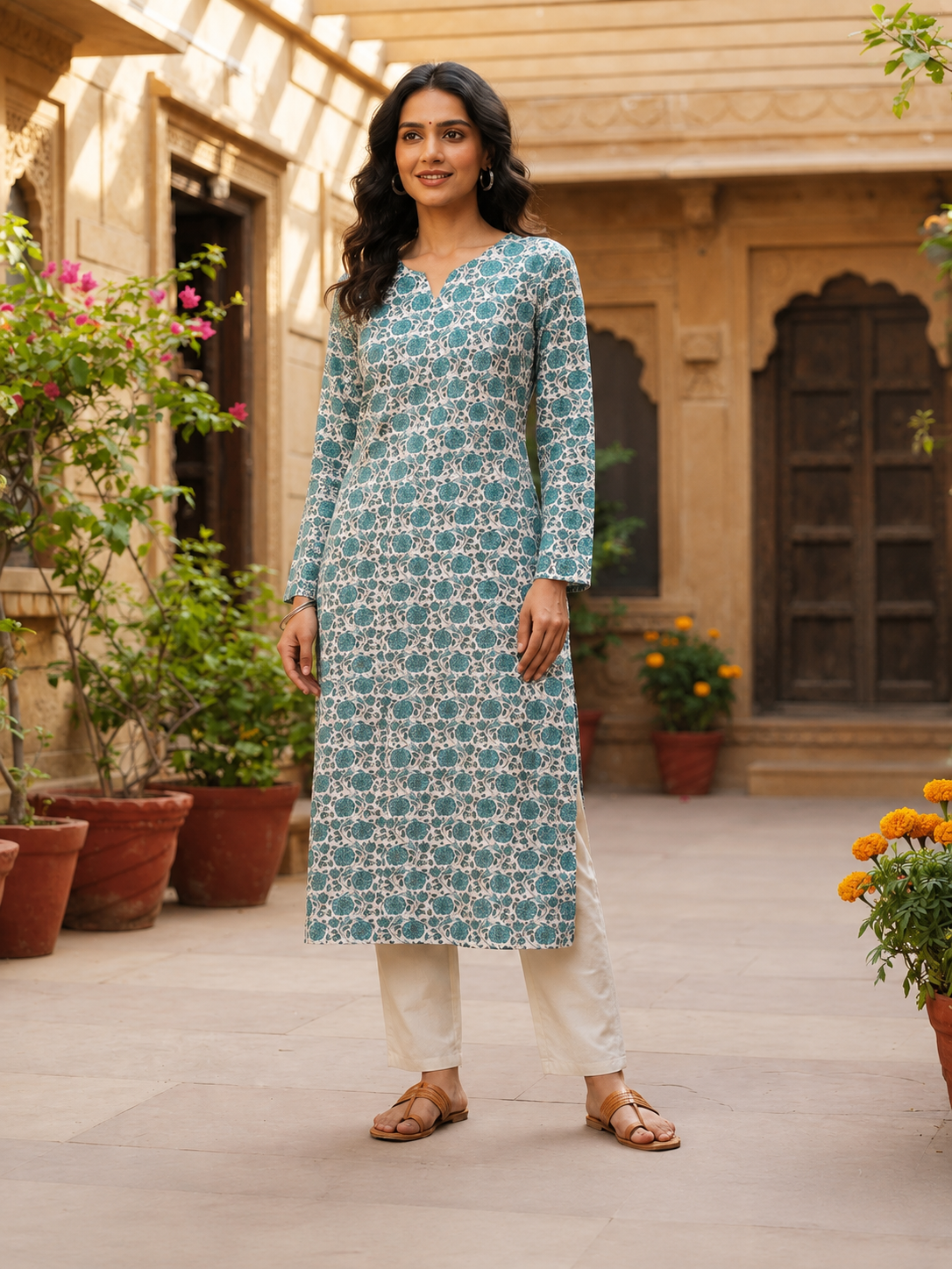 grn-hlf-ful1(A) Women’s Floral Printed Cotton Straight Kurti – Half & Full Sleeves - Image 1