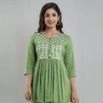 Women’s Rayon Green Embroidered Kurta | 3/4 Sleeve Flared Kurta