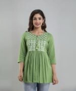 Women’s Rayon Green Embroidered Kurta | 3/4 Sleeve Flared Kurta