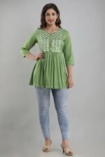 Women’s Rayon Green Embroidered Kurta | 3/4 Sleeve Flared Kurta - Image 2
