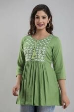 Women’s Rayon Green Embroidered Kurta | 3/4 Sleeve Flared Kurta - Image 3