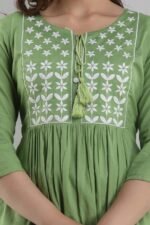 Women’s Rayon Green Embroidered Kurta | 3/4 Sleeve Flared Kurta - Image 4