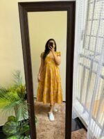 Women’s Floral Printed Rayon Frock Style Kurti – Mustard Yellow