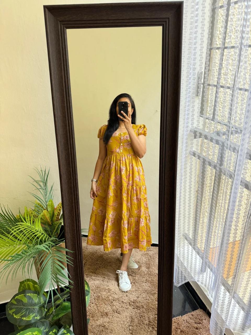 gylw1(A) Women’s Floral Printed Rayon Frock Style Kurti – Mustard Yellow - Image 1