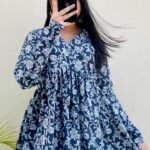 Women’s Printed Rayon Kurta | Blue Floral Print Flared Kurta