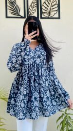 Women’s Printed Rayon Kurta | Blue Floral Print Flared Kurta