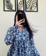 Women’s Printed Rayon Kurta | Blue Floral Print Flared Kurta - Image 4