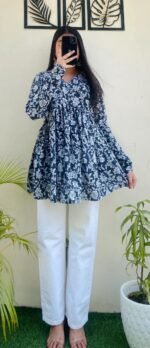 Women’s Printed Rayon Kurta | Blue Floral Print Flared Kurta - Image 3