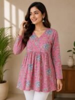 Pink Cotton Floral Printed A-Line Kurti | Full Sleeve V-Neck Kurti - Image 5