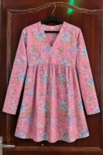 Pink Cotton Floral Printed A-Line Kurti | Full Sleeve V-Neck Kurti - Image 4