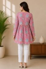 Pink Cotton Floral Printed A-Line Kurti | Full Sleeve V-Neck Kurti - Image 2