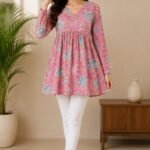 Pink Cotton Floral Printed A-Line Kurti | Full Sleeve V-Neck Kurti