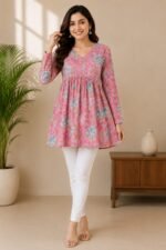 Pink Cotton Floral Printed A-Line Kurti | Full Sleeve V-Neck Kurti