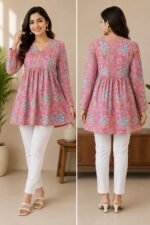 Pink Cotton Floral Printed A-Line Kurti | Full Sleeve V-Neck Kurti - Image 3