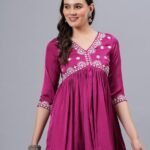 Women’s Embroidered Rayon Flared Kurta | 3/4 Sleeve Ethnic Kurti