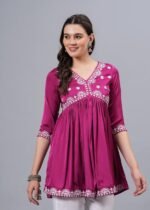 Women’s Embroidered Rayon Flared Kurta | 3/4 Sleeve Ethnic Kurti