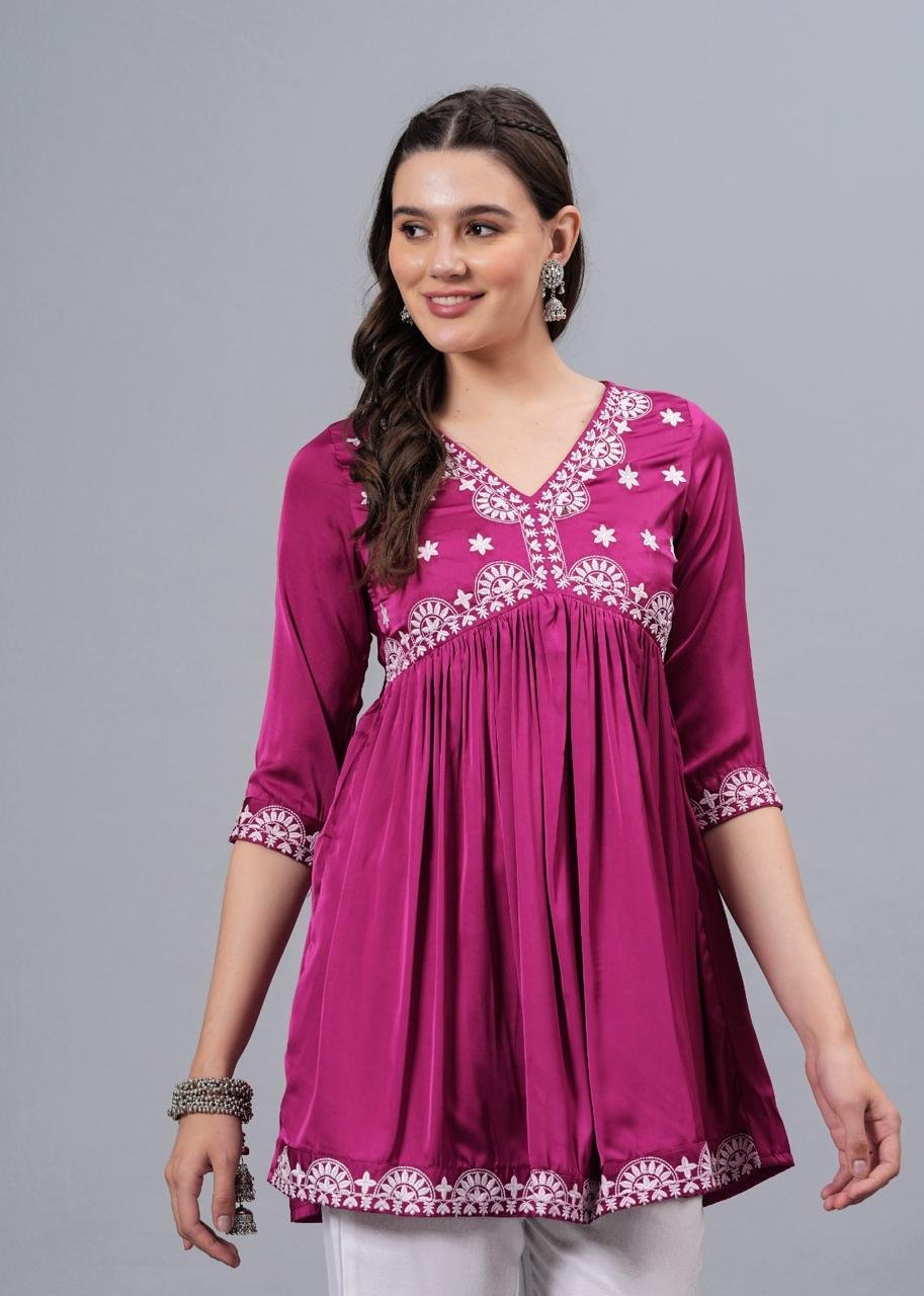 pink-emb1(A) Women’s Embroidered Rayon Flared Kurta | 3/4 Sleeve Ethnic Kurti - Image 1