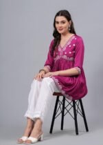 Women’s Embroidered Rayon Flared Kurta | 3/4 Sleeve Ethnic Kurti - Image 4