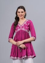 Women’s Embroidered Rayon Flared Kurta | 3/4 Sleeve Ethnic Kurti - Image 2