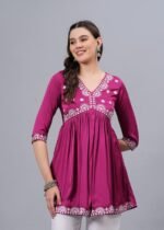 Women’s Embroidered Rayon Flared Kurta | 3/4 Sleeve Ethnic Kurti - Image 5