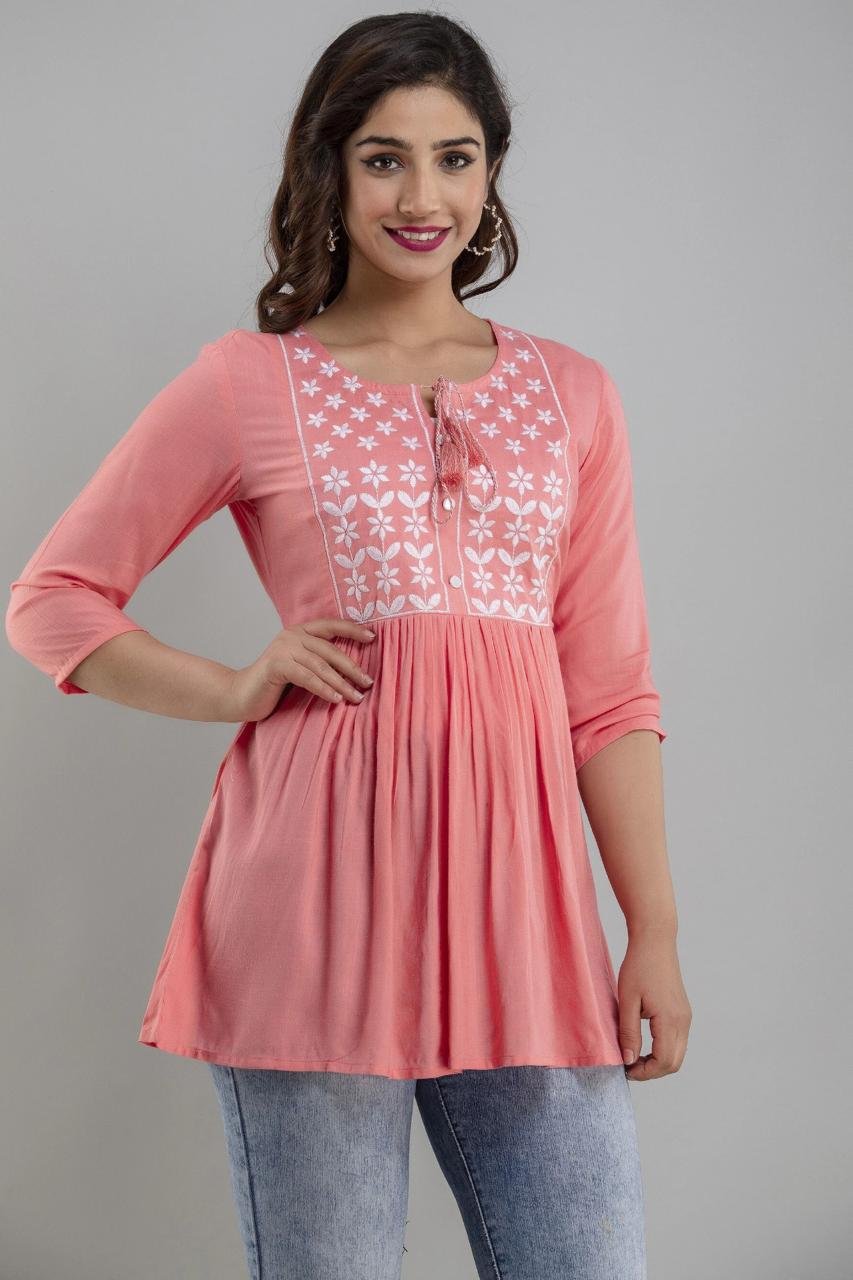pink-w4(D) Women’s Rayon Embroidered Kurta | 3/4 Sleeve Flared Kurta - Image 1