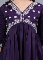 Women’s Purple Embroidered Rayon Flared Kurta | 3/4 Sleeve Ethnic Kurti - Image 2