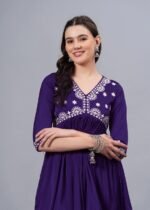 Women’s Purple Embroidered Rayon Flared Kurta | 3/4 Sleeve Ethnic Kurti - Image 6