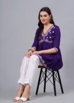 Women’s Purple Embroidered Rayon Flared Kurta | 3/4 Sleeve Ethnic Kurti - Image 5