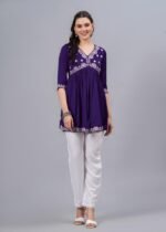Women’s Purple Embroidered Rayon Flared Kurta | 3/4 Sleeve Ethnic Kurti - Image 4