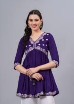 Women’s Purple Embroidered Rayon Flared Kurta | 3/4 Sleeve Ethnic Kurti - Image 3