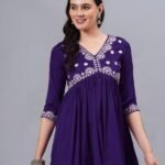 Women’s Purple Embroidered Rayon Flared Kurta | 3/4 Sleeve Ethnic Kurti