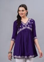 Women’s Purple Embroidered Rayon Flared Kurta | 3/4 Sleeve Ethnic Kurti
