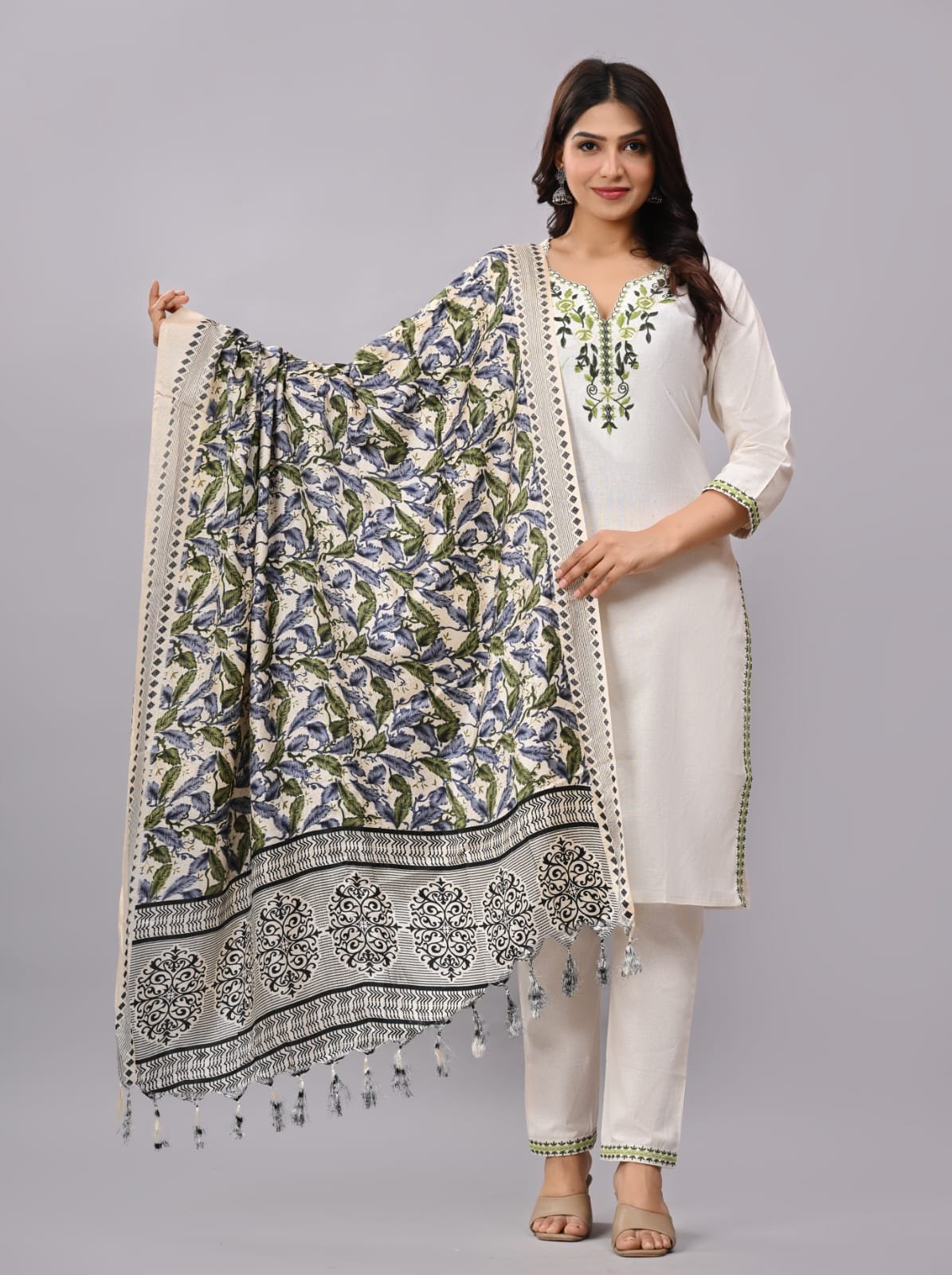 white 2ku Women Cotton Flex Embroidered Suit Set with Dupatta - Image 1