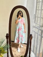 Women’s Floral Printed Rayon Frock Style Kurti – Sky Blue & Pink