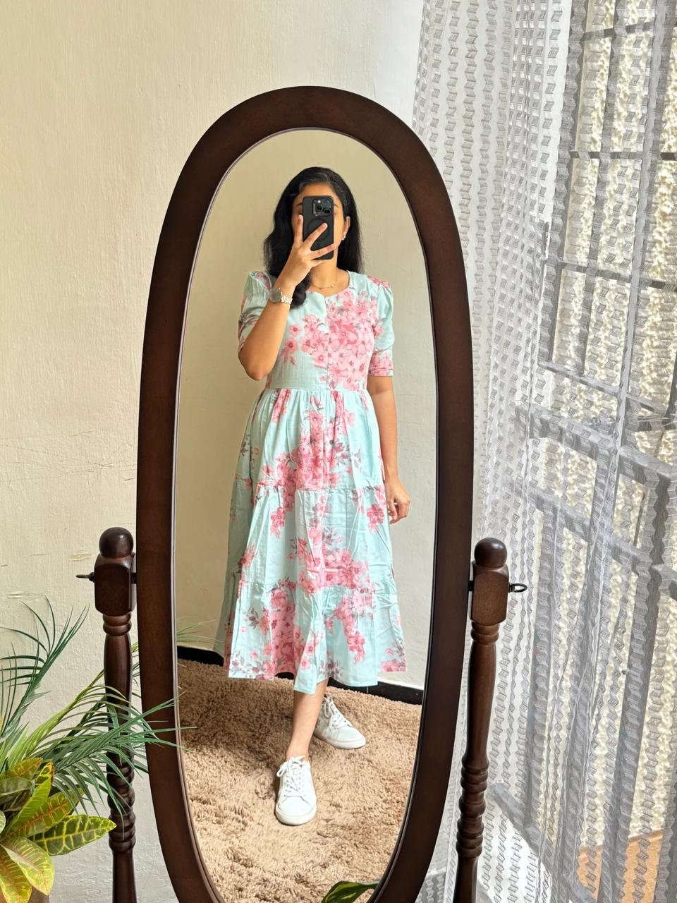 wht-g1(A) Women’s Floral Printed Rayon Frock Style Kurti – Sky Blue & Pink - Image 1