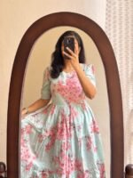 Women’s Floral Printed Rayon Frock Style Kurti – Sky Blue & Pink - Image 2