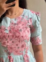 Women’s Floral Printed Rayon Frock Style Kurti – Sky Blue & Pink - Image 3