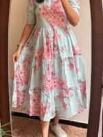 Women’s Floral Printed Rayon Frock Style Kurti – Sky Blue & Pink - Image 5