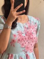 Women’s Floral Printed Rayon Frock Style Kurti – Sky Blue & Pink - Image 6