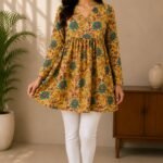 Mustard Yellow Cotton Floral Printed A-Line Kurti | Full Sleeve V-Neck