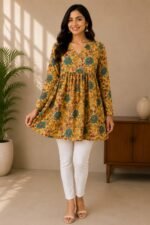 Mustard Yellow Cotton Floral Printed A-Line Kurti | Full Sleeve V-Neck