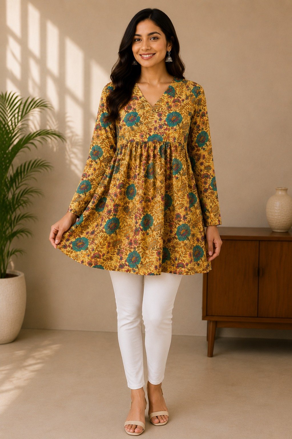 yellow-cotton1(A) Mustard Yellow Cotton Floral Printed A-Line Kurti | Full Sleeve V-Neck - Image 1
