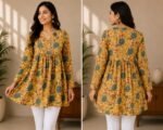Mustard Yellow Cotton Floral Printed A-Line Kurti | Full Sleeve V-Neck - Image 3