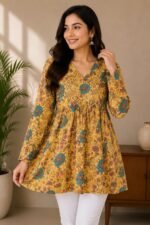 Mustard Yellow Cotton Floral Printed A-Line Kurti | Full Sleeve V-Neck - Image 4