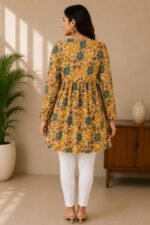 Mustard Yellow Cotton Floral Printed A-Line Kurti | Full Sleeve V-Neck - Image 5